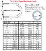 U - Bolts 5" Nominal Bore, 140mm Width Between Legs, Stainless Steel A4, (M12) Bolt only