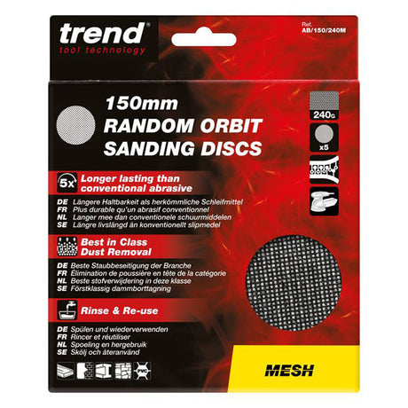 Trend Mesh 150mm Random Orbit 240 Grit Sanding Discs, AB/150/240M, Pack of 5