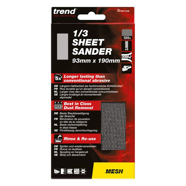 Trend 93 x 190mm Mesh 1/3 Sheet Sanding 120 Grit (Pack of 5) AB/THD/120M