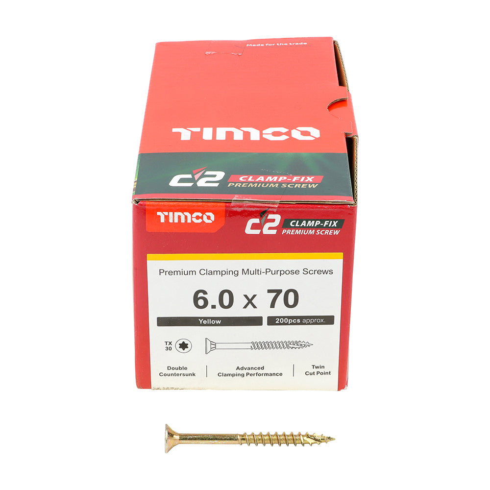 6.0 x 70 Timco Countersunk TX30 Clamp Fix C2 Woodscrews Yellow 60070C2C