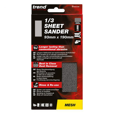 Trend 93 x 190mm Mesh 1/3 Sheet Sanding 240 Grit (Pack of 5) AB/THD/240M