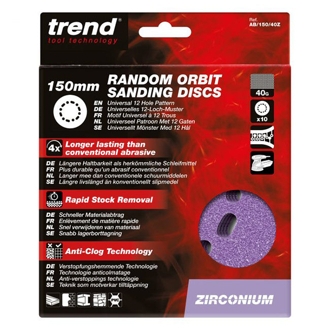 Trend Zirconium 150mm Random Orbit 40 Grit Sanding Discs, AB/150/40Z, Pack of 10