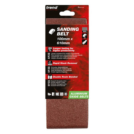 Trend 100 x 610mm Aluminium Oxide Sanding Belt 120 Grit (Pack of 3) AB/B100/120A