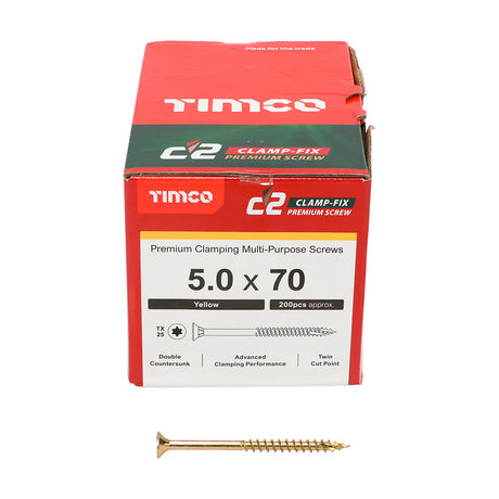 5.0 x 70 Timco Countersunk TX25 Clamp Fix C2 Woodscrews Yellow 50070C2C