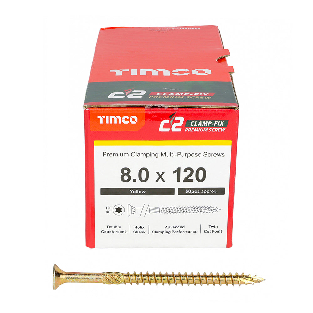 8.0 x 120 Timco Countersunk TX40 Clamp Fix C2 Woodscrews Yellow 80120C2C