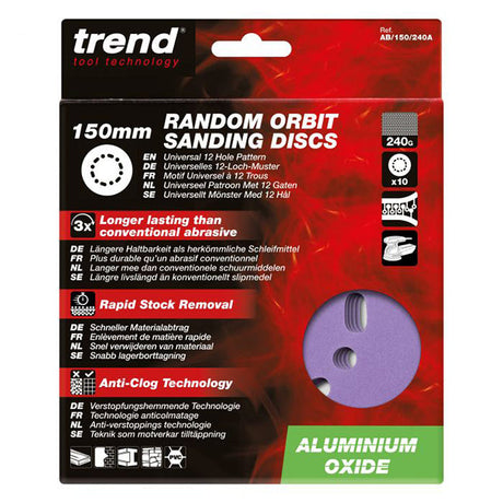 Trend Aluminium Oxide 150mm Random Orbit 240 Grit Sanding Discs, AB/150/240A, Pack of 10