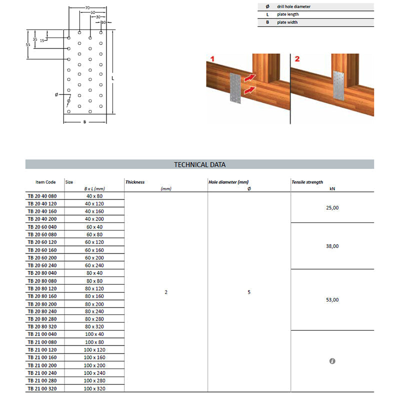 60mm x 120mm x 2.0mm Thick Nail Plates Galvanised TB2060120