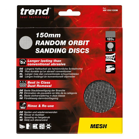 Trend Mesh 150mm Random Orbit 120 Grit Sanding Discs, AB/150/120M, Pack of 5