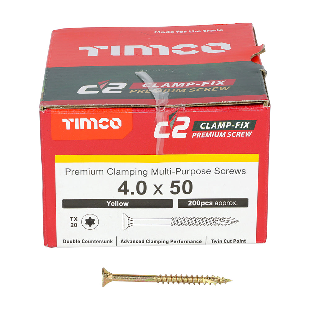 4.0 x 50 Timco Countersunk TX20 Clamp Fix C2 Woodscrews Yellow 40050C2C