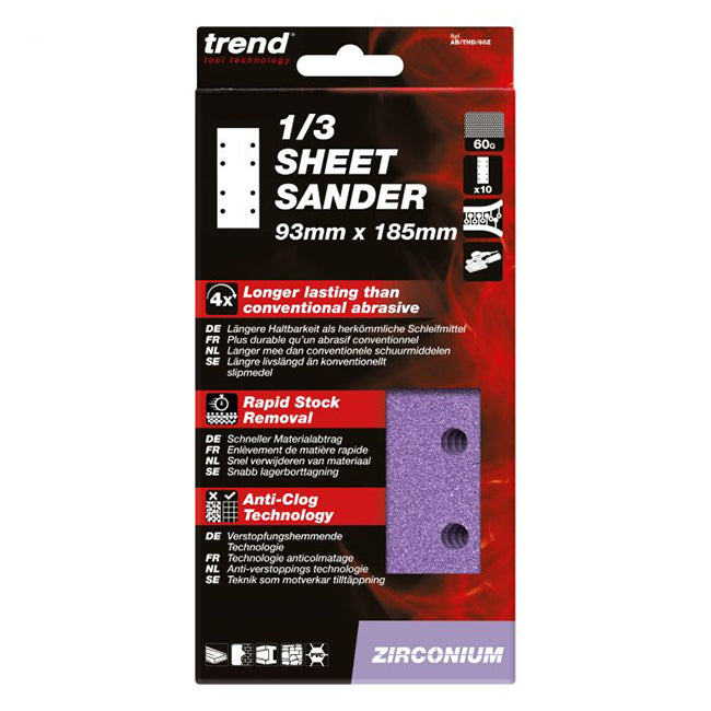 Trend 93 x 185mm Zirconium 1/3 Sheet Sanding 60 Grit (Pack of 10) AB/THD/60Z
