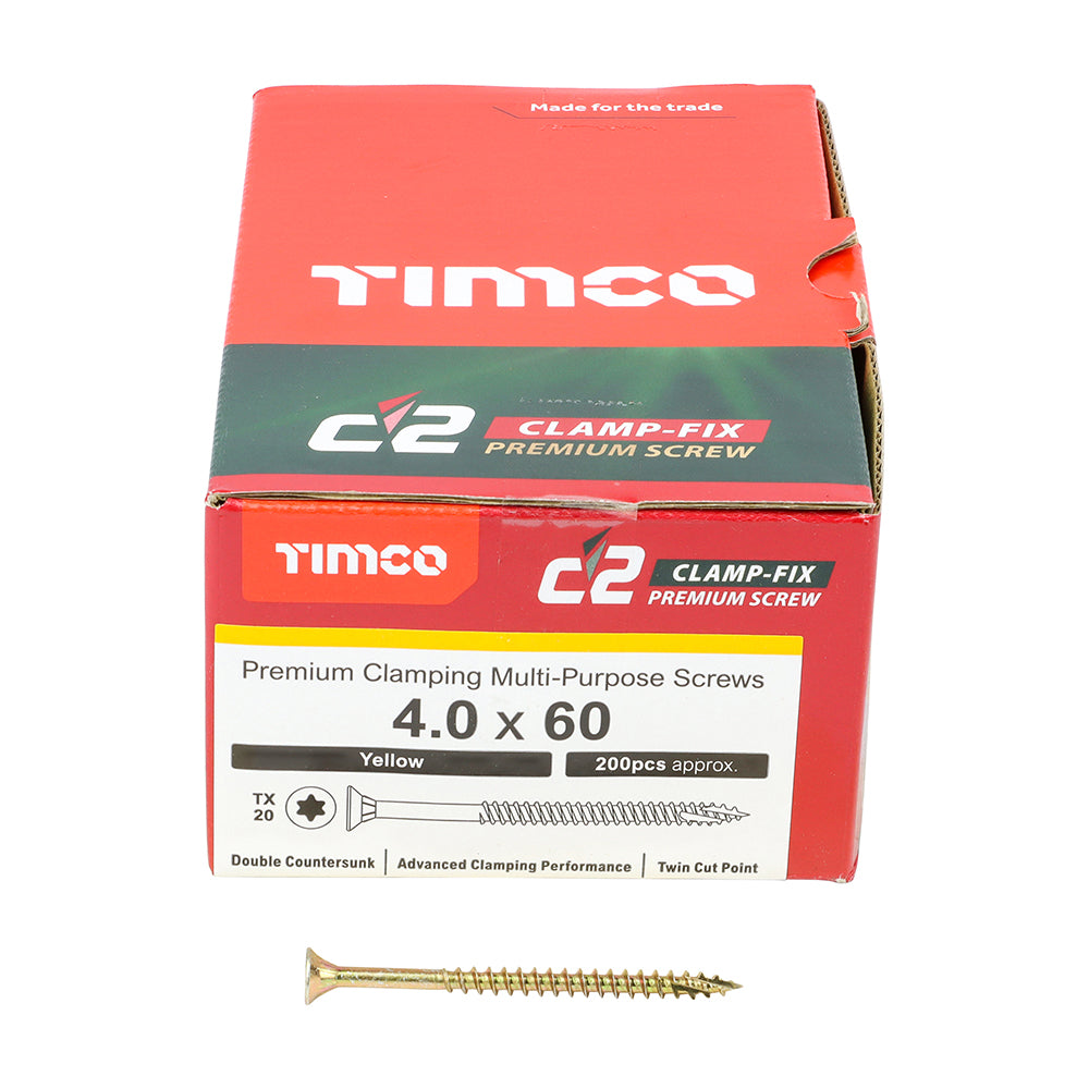 4.0 x 60 Timco Countersunk TX20 Clamp Fix C2 Woodscrews Yellow 40060C2C