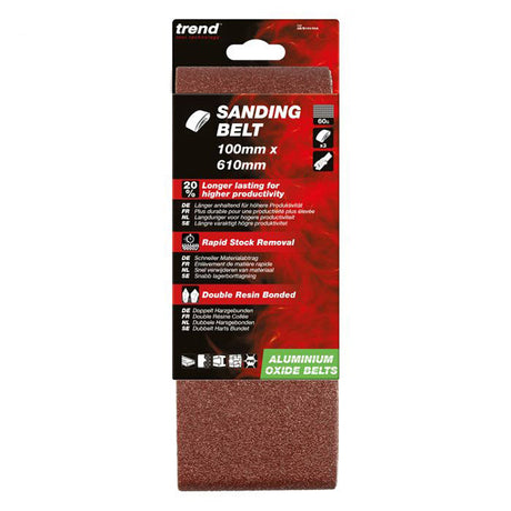 Trend 100 x 610mm Aluminium Oxide Sanding Belt 60 Grit (Pack of 3) AB/B100/60A