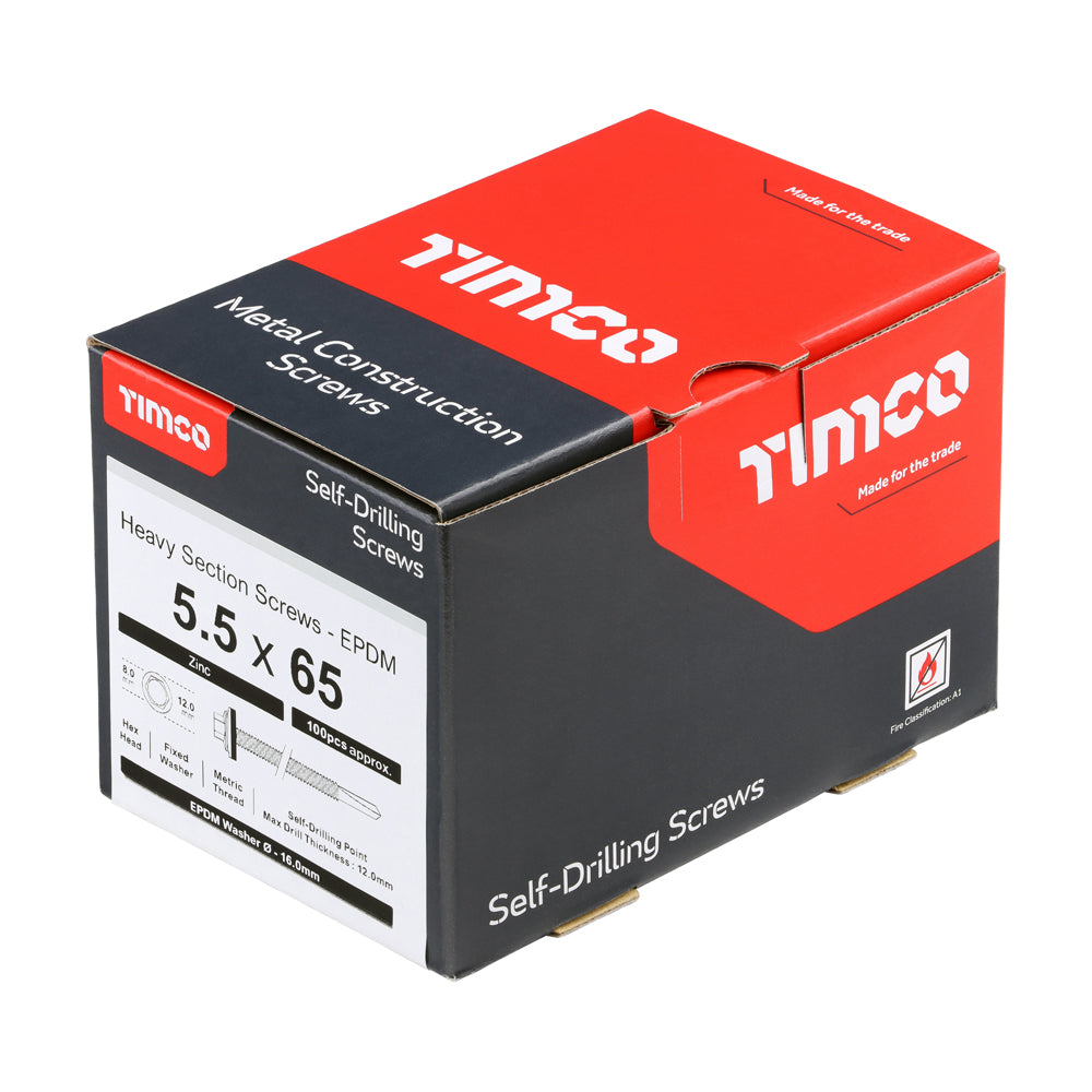 5.5 x 65mm (5/16" Hexagon Head) Self Drill Screws, Metal to Metal, Bright Zinc Plated For Steel 4-12.5mm Thickness with 16mm EPDM Washer ZH65W16B