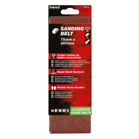 Trend 75 x 457mm Aluminium Oxide Sanding Belt 80 Grit (Pack of 3) AB/B75/80A
