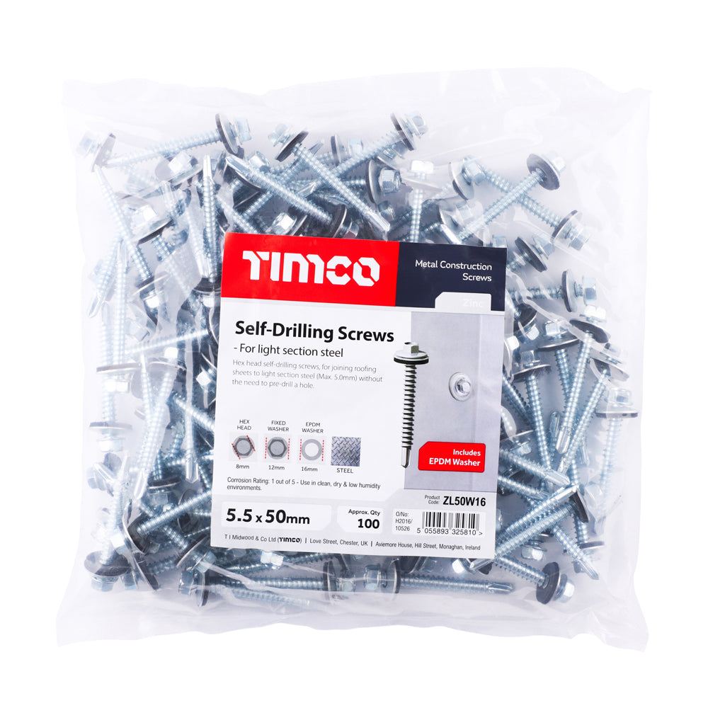 5.5 x 50mm (5/16" Hexagon Head) Self Drill Screws, Metal to Metal, Bright Zinc Plated For Steel 1.2-4mm Thickness with 16mm EPDM Washer ZL50W16