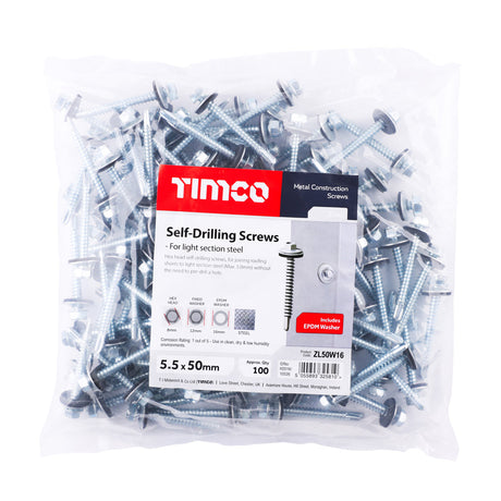 5.5 x 50mm (5/16" Hexagon Head) Self Drill Screws, Metal to Metal, Bright Zinc Plated For Steel 1.2-4mm Thickness with 16mm EPDM Washer ZL50W16