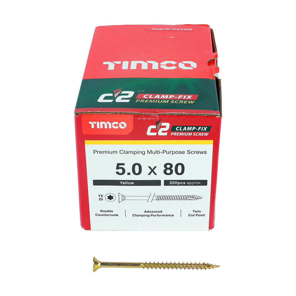 5.0 x 80 Timco Countersunk TX25 Clamp Fix C2 Woodscrews Yellow 50080C2C