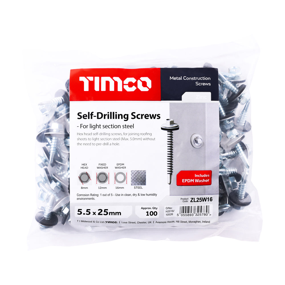 5.5 x 25mm (5/16" Hexagon Head) Self Drill Screws, Metal to Metal, Bright Zinc Plated For Steel 1.2-4mm Thickness with 16mm EPDM Washer ZL25W16
