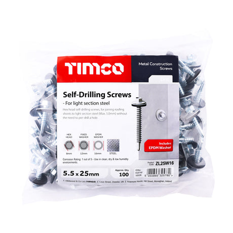 5.5 x 25mm (5/16" Hexagon Head) Self Drill Screws, Metal to Metal, Bright Zinc Plated For Steel 1.2-4mm Thickness with 16mm EPDM Washer ZL25W16