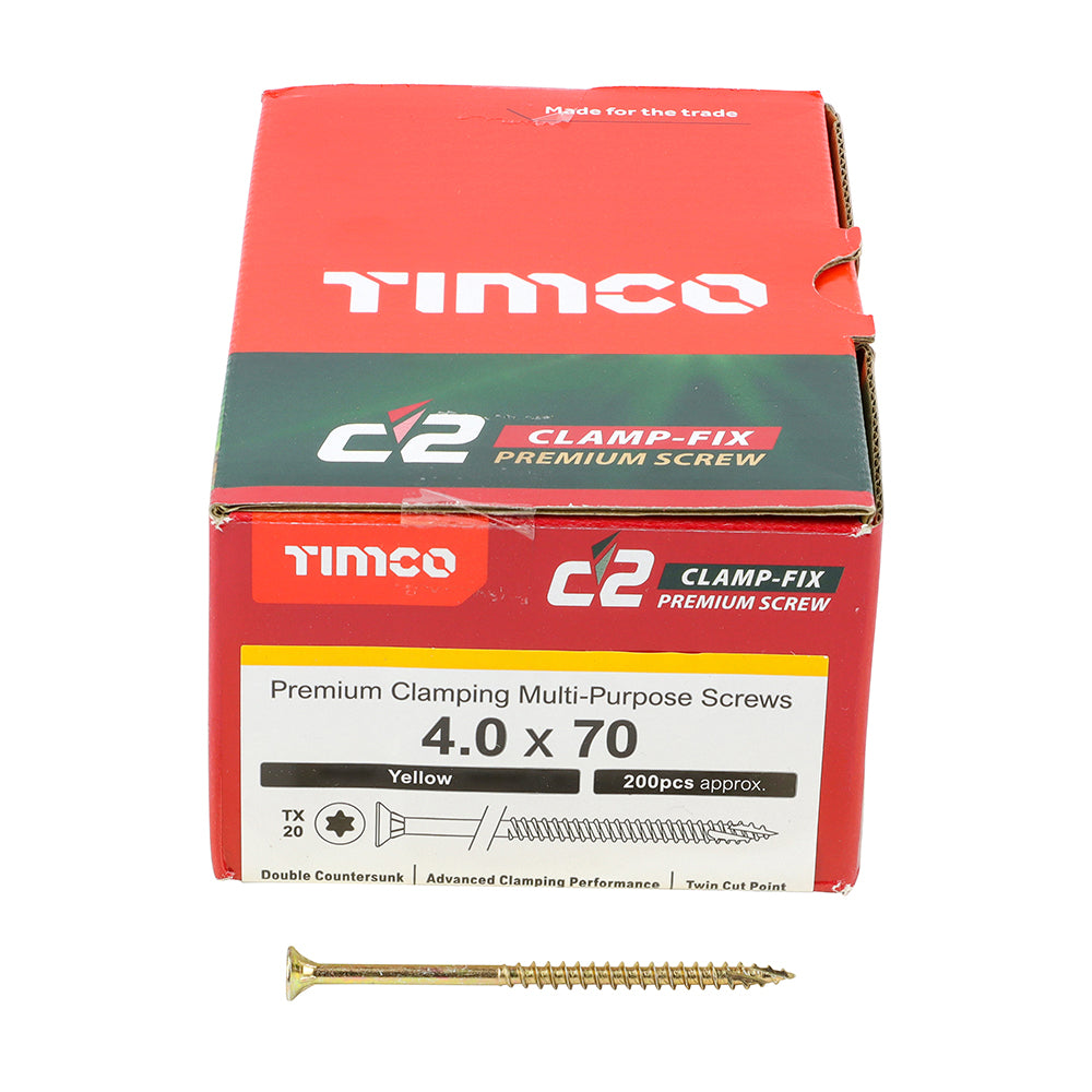 4.0 x 70 Timco Countersunk TX20 Clamp Fix C2 Woodscrews Yellow 40070C2C