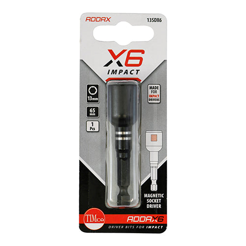 13 x 65mm Addax X6 Magnetic Impact Hex Drive Adaptor 13SDX6