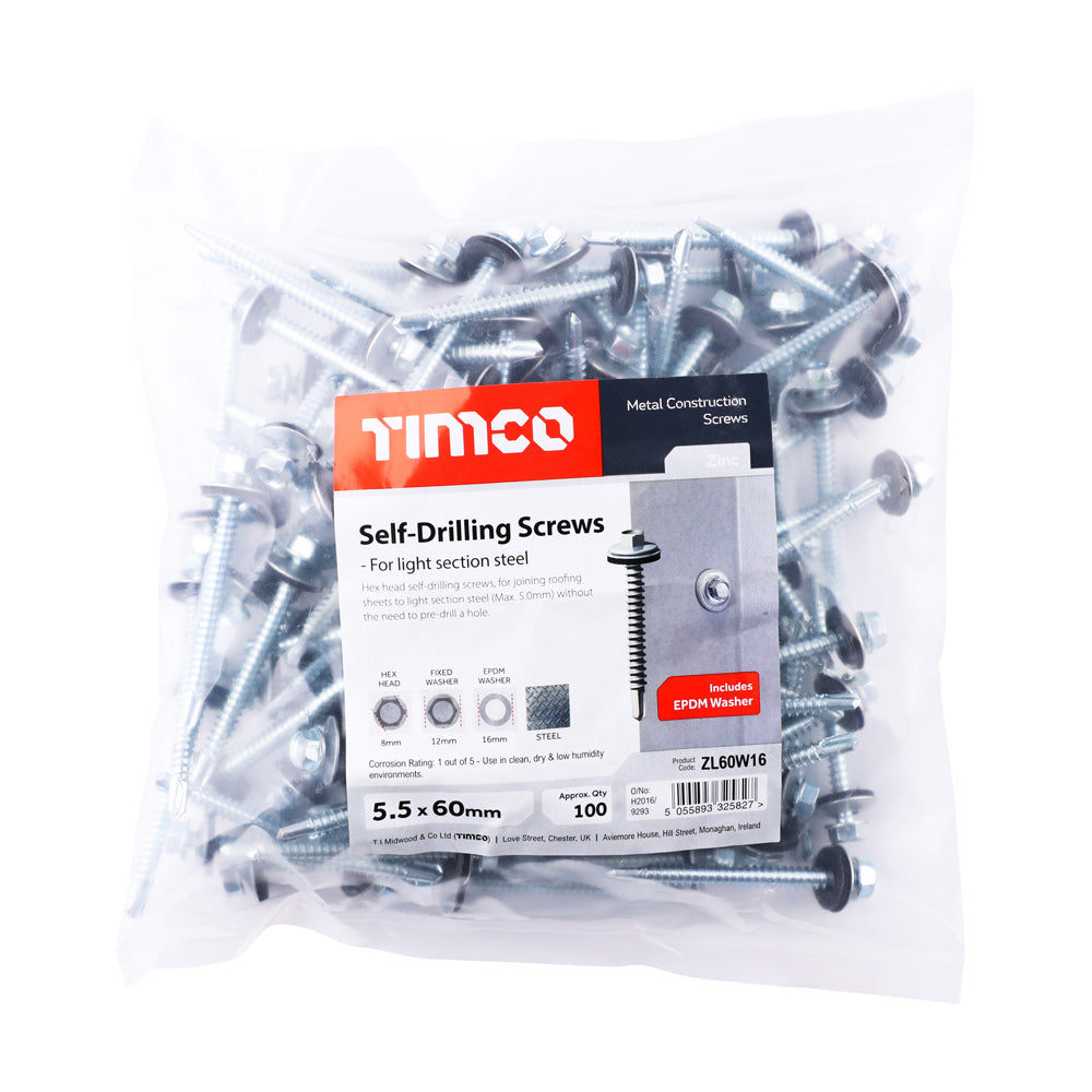 5.5 x 60mm (5/16" Hexagon Head) Self Drill Screws, Metal to Metal, Bright Zinc Plated For Steel 1.2-4mm Thickness with 16mm EPDM Washer ZL60W16