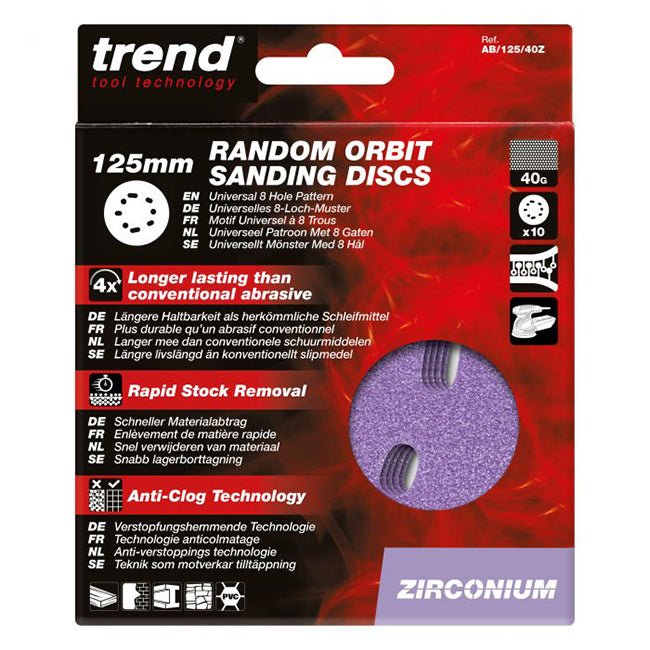 Trend 125mm Zirconium Random Orbit 40 Grit Sanding Disc, AB/125/40Z, Pack of 10