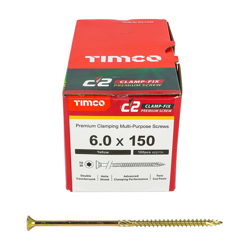 6.0 x 150 Timco Countersunk TX30 Clamp Fix C2 Woodscrews Yellow 60150C2C