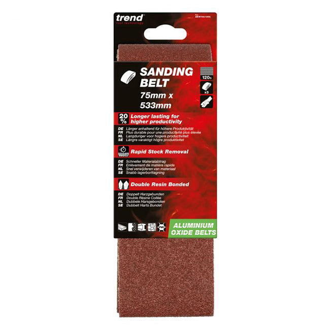 Trend 75 x 533mm Aluminium Oxide Sanding Belt 120 Grit (Pack of 3) AB/B75A/120A