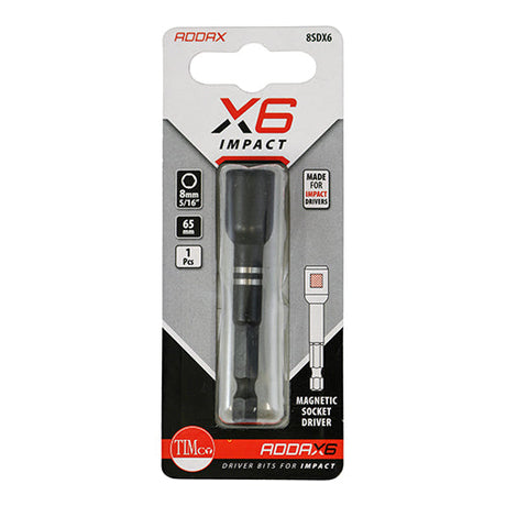 8 x 65mm Addax X6 Magnetic Impact Hex Drive Adaptor 8SDX6