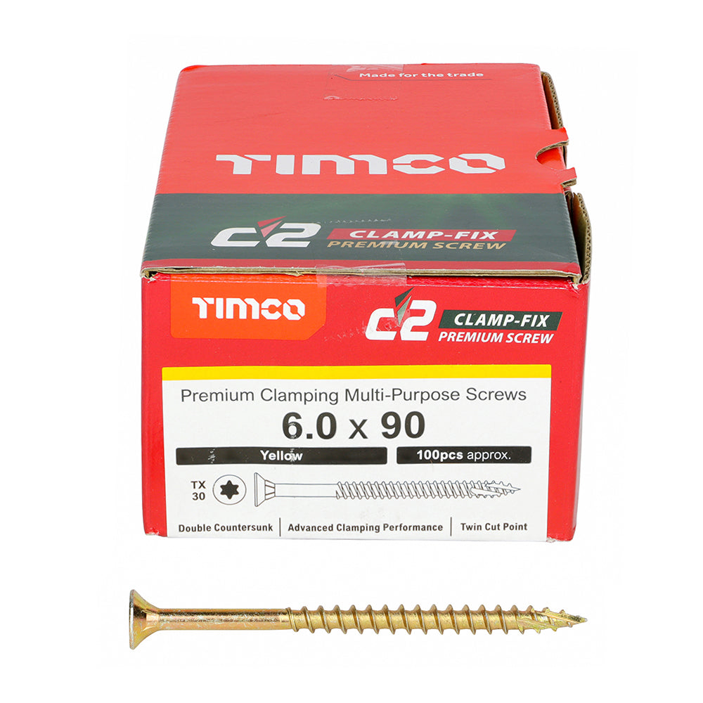 6.0 x 90 Timco Countersunk TX30 Clamp Fix C2 Woodscrews Yellow 60090C2C