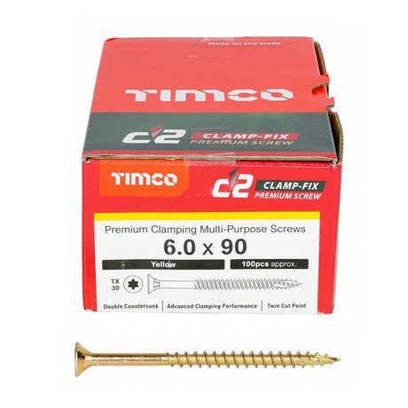 6.0 x 90 Timco Countersunk TX30 Clamp Fix C2 Woodscrews Yellow 60090C2C