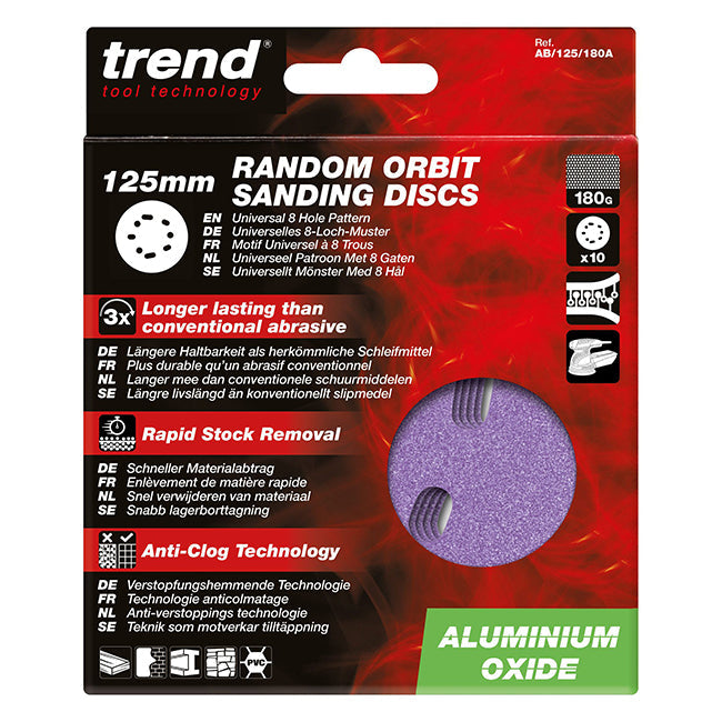 Trend Aluminium Oxide 125mm Random Orbit 180 Grit Sanding Discs, AB/125/180A, Pack of 10