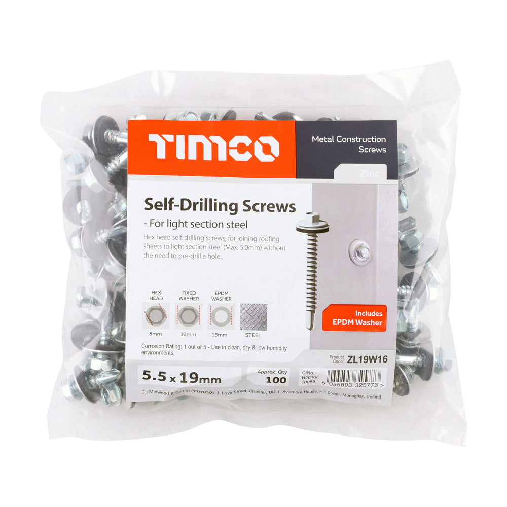 5.5 x 19mm (5/16" Hexagon Head) Self Drill Screws, Metal to Metal, Bright Zinc Plated For Steel 1.2-4mm Thickness with 16mm EPDM Washer ZL19W16