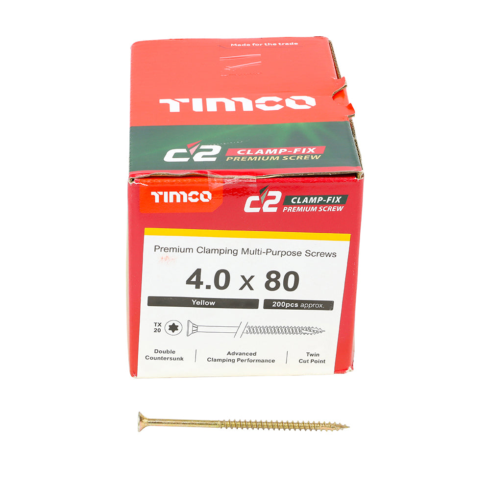 4.0 x 80 Timco Countersunk TX20 Clamp Fix C2 Woodscrews Yellow 40080C2C
