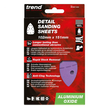 Trend 102 x 151mm Aluminium Oxide Detail Sanding Sheet 180 Grit (Pack of 10) AB/DET/180A