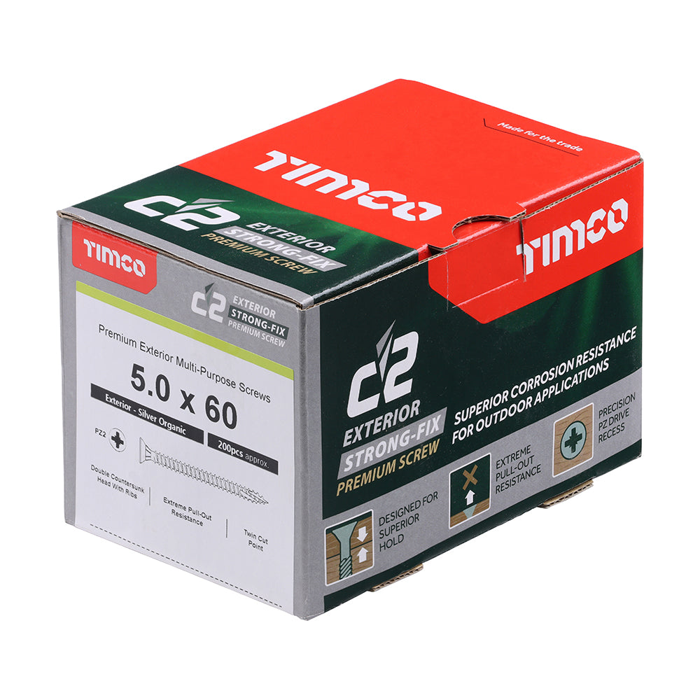 Timco 5.0 x 60 Countersunk Pozi Pz2, C2 Exterior Screws, Silver Organic