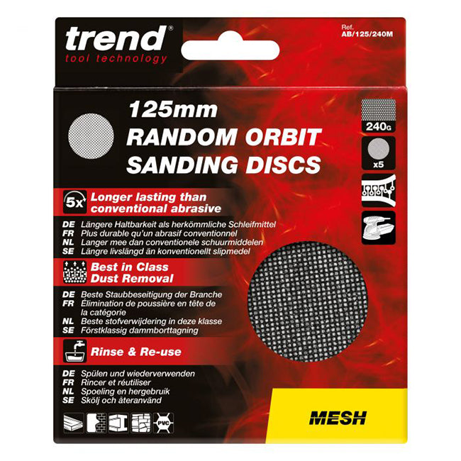 Trend 125mm Mesh Random Orbit 240 Grit Sanding Sheets, AB/125/120M/B, Pack of 5