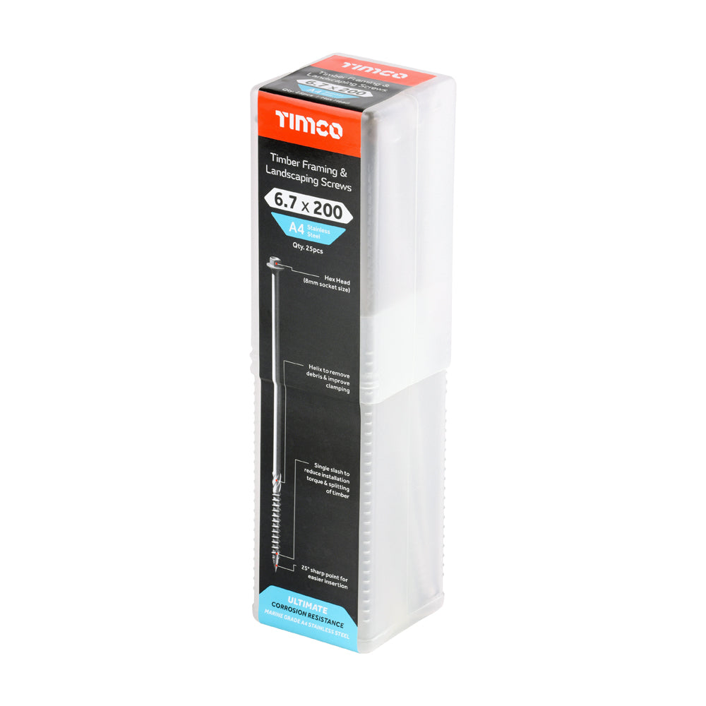 Timco 6.7 x 200 Hex Timber Index Screw A4 Stainless Steel