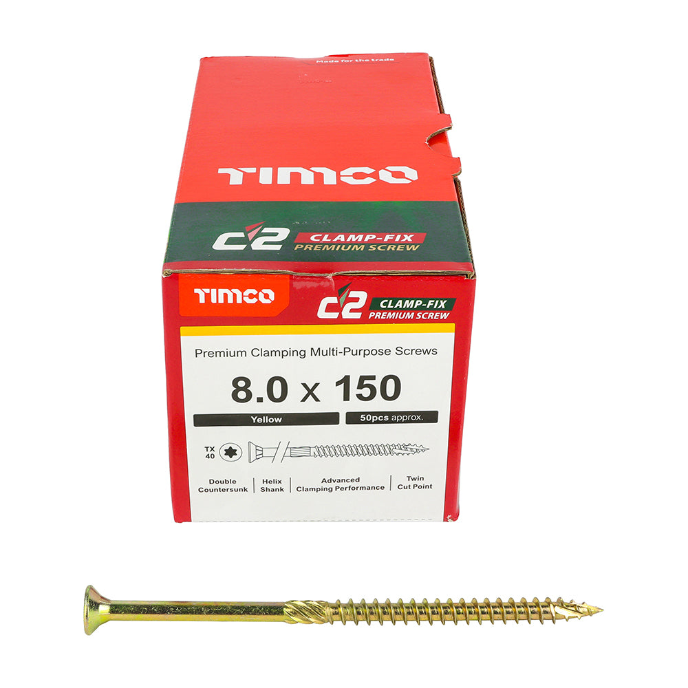 8.0 x 150 Timco Countersunk TX40 Clamp Fix C2 Woodscrews Yellow 80150C2C