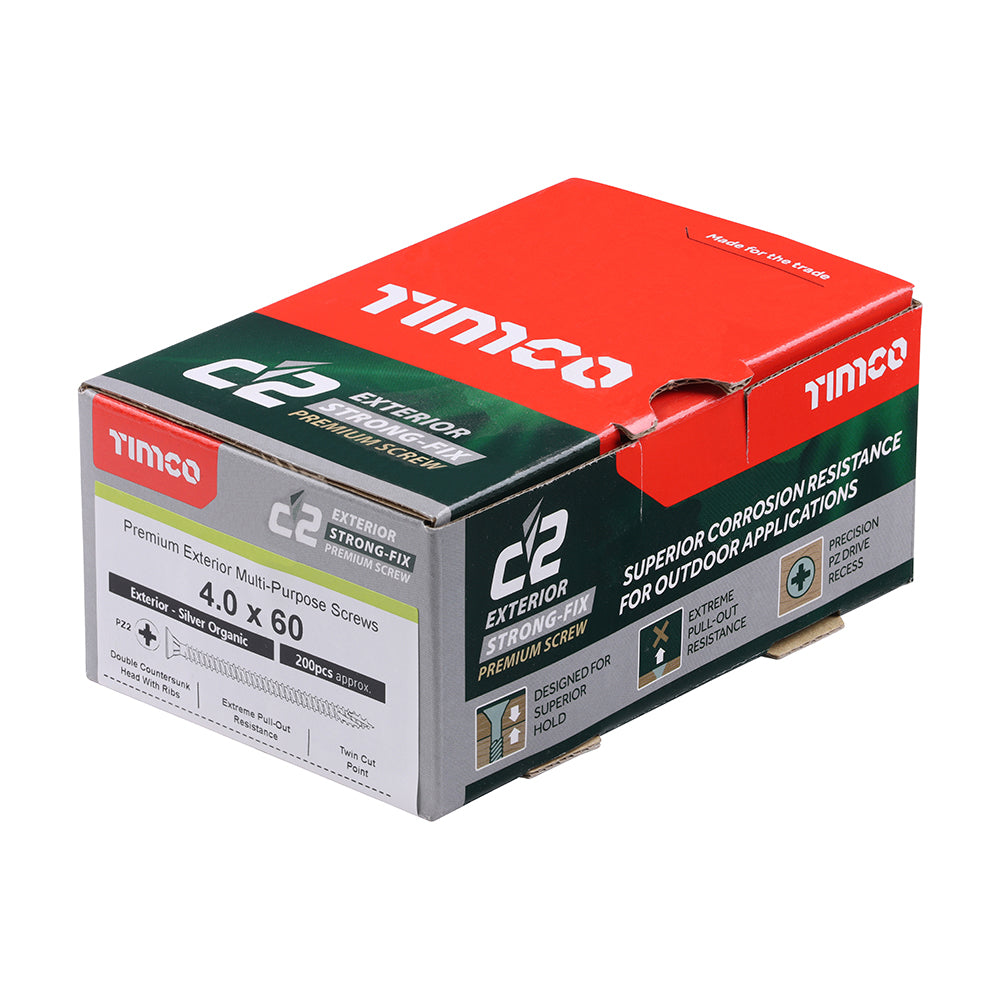 Timco 4.0 x 60 Countersunk Pozi Pz2, C2 Exterior Screws, Silver Organic