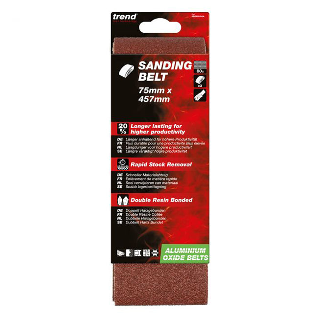 Trend 75 x 533mm Aluminium Oxide Sanding Belt 80 Grit (Pack of 3) AB/B75A/80A