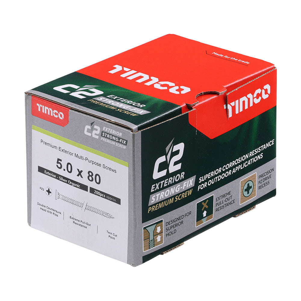 Timco 5.0 x 80 Countersunk Pozi Pz2, C2 Exterior Screws, Silver Organic