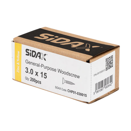 Sidax 3.0 x 15mm Countersunk Pozi Pz1, CHP01 General-Purpose Woodscrew, Zinc & Yellow CHP01-030015