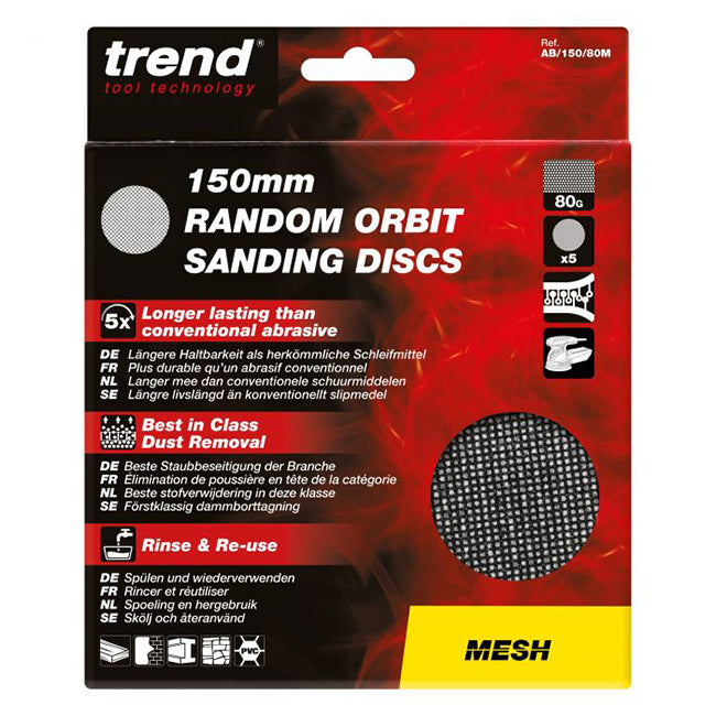 Trend Mesh 150mm Random Orbit 80 Grit Sanding Discs, AB/150/80M, Pack of 5