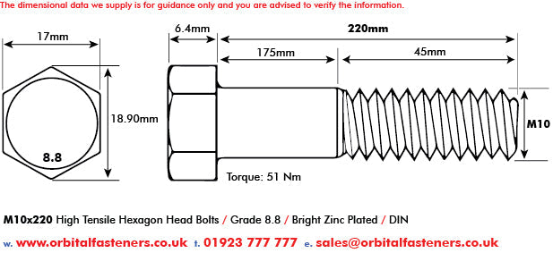 M10 x 220 Hexagon Head Bolt High Tensile Grade 8.8, Bright Zinc Plated, DIN 931