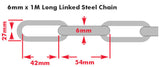 6mm x 1 Metre (ID 42 x 13mm) Galvanised/Galvanized Long Link Steel Chain, Sold in multiples of 1 Metre