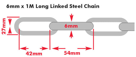 6mm x 1 Metre (ID 42 x 13mm) Galvanised/Galvanized Long Link Steel Chain, Sold in multiples of 1 Metre