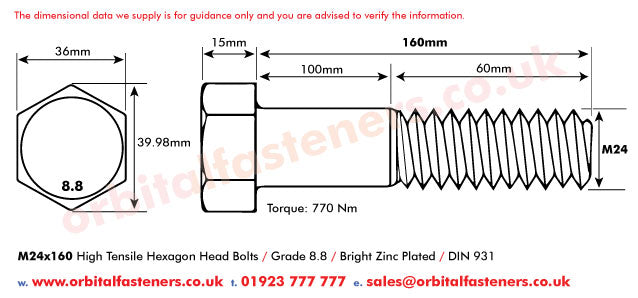 M24 x 160 Hexagon Head Bolt High Tensile Grade 8.8, Bright Zinc Plated, DIN 931