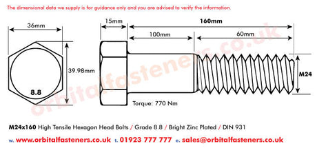 M24 x 160 Hexagon Head Bolt High Tensile Grade 8.8, Bright Zinc Plated, DIN 931